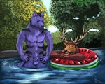 5:4 absurd_res animal_genitalia anthro antlers balls blue_body blue_fur brown_body brown_fur canid canine canis disappointed duo food fruit fur genitals happy hi_res horn karlos_(character) kinktober leaf male mammal melon mo_(momamo) nude plant pool pool_toy red_elk sheath sky tree tube water watermelon wolf yenocwolf