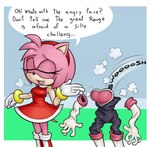 amy_rose anthro clothed clothing countershading discarded_clothing dress english_text eulipotyphlan female fur hair head_tuft hedgehog hi_res mammal mario-grant pink_body pink_fur pink_hair red_clothing red_dress sega solo sonic_the_hedgehog_(series) speech_bubble tan_body tan_countershading tan_skin text the_simpsons thin_thighs tuft