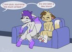 anthro canid canine colored competition contest cooper_(ritzcat) desperation dialogue domestic_cat duo english_text felid feline felis fox furniture inside male mammal newspaper nude omorashi pee_holding_contest ritz_(ritzcat) ritzcat shaking sofa speech_bubble text trembling