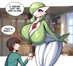 2023 big_breasts breasts clothed clothing dialogue duo english_text female gardevoir generation_3_pokemon green_body green_hair hair hi_res huge_breasts human humanoid larger_female male mammal nintendo not_furry open_mouth pokeball pokemon pokemon_(species) saltyxodium size_difference smaller_human smaller_male speech_bubble text white_body