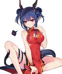 2020 animal_humanoid arknights asian_clothing blue_hair breasts cary_(artist) chen_(arknights) chinese_clothing chinese_dress clothed clothing dragon dragon_humanoid dress east_asian_clothing female hair hi_res horn humanoid hypergryph mythological_creature mythological_scalie mythology red_eyes scalie simple_background sitting solo studio_montagne tail white_background