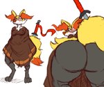 6:5 absurd_res anthro bandage bandage_on_face big_butt braixen breasts butt clothed clothing digitigrade dingaling_productions dipstick_tail female fur generation_6_pokemon hi_res huge_butt lisa_the_joyful lisa_the_painful markings nintendo orange_eyes orange_nose pokemon pokemon_(species) poncho presenting presenting_hindquarters scar solo sword_in_tail tail tail_markings visible_nipples weapon yellow_body yellow_fur zrider