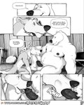 4:5 anthro anthro_on_anthro balls bear black_penis canid canine canis comic dialogue erection fellatio genitals greyscale hi_res humanoid_genitalia humanoid_penis male male/male mammal misterstallion monochrome nude oral patreon patreon_logo penile penis polar_bear rune_(misterstallion) sex size_difference speech_bubble ursine vein veiny_penis wolf