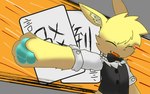 16:10 anthro anthrofied bow_(feature) bow_in_front bow_tie card clothing cute_fangs danganronpa eeveelution generation_1_pokemon jolteon keyo_sarose male nintendo playing_card pokemon pokemon_(species) raiy solo spike_chunsoft suit widescreen