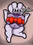 absurd_res antenna_hair antennae_(anatomy) anthro barely_visible_areola barely_visible_nipples bed belly big_breasts bow_ribbon breasts christmas english_text eyewear female furniture generation_6_pokemon gift glasses gloria_(sneavile) goodra grey_eyes hair hi_res holidays huge_breasts looking_at_viewer lying mature_female mostly_nude multicolored_body navel nintendo nipples on_back on_bed overweight pokemon pokemon_(species) purple_body smile sneavile solo talking_to_viewer text thick_thighs two_tone_body wrapped wrappings