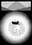 2024 anthro bandanna bird's-eye_view canid canine canis clothing cloud comic digital_media_(artwork) domestic_dog flower fur golde golde_(golde) hat headgear headwear high-angle_view kerchief lying lying_on_ground male mammal monochrome mountain on_flower on_ground on_side plant solo tail unconscious undertale undertale_(series) yamcha_death_pose