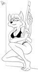 2024 3_fingers 3_toes anthro arms_bent barefoot bent_legs big_breasts bikini biped black_and_white breasts cheek_tuft clothed clothed_anthro clothed_female clothing crouching dark_bikini dark_clothing dark_eyebrows dark_nose dark_swimwear digital_drawing_(artwork) digital_media_(artwork) domestic_cat eyebrows eyelashes facial_tuft feet felid feline felis female fingers fur fur_tuft gun hair half-closed_eyes holding_gun holding_object holding_ranged_weapon holding_weapon humanoid_hands kitty_(space_ark) knee_tuft leg_tuft long_eyelashes long_hair mammal monochrome mouth_closed narrowed_eyes nipple_outline plantigrade pointy_ears pose prick_ears raised_heel ranged_weapon signature skimpy skimpy_bikini skimpy_swimwear smile smirk solo space_ark swimwear thick_thighs three-quarter_view toes tuft two-piece_swimsuit weapon zokva