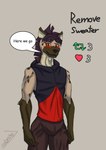 absurd_res anthro bodypaint bottomwear clothed clothing dialogue face_paint hair hi_res hyena looking_at_viewer male mammal odoral567 orange_eyes pants purple_hair red_face_paint signature sleeveless_hoodie solo speech_bubble spots spotted_hyena strip_game sweatpants