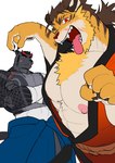 abs anothereidos_of_dragon_vein_r anthro anthrofied asian_clothing bear beard big_nipples body_hair bottomwear chest_hair chest_tuft claws clothing crossed_arms dkqthf duo east_asian_clothing facial_hair felid finger_claws hair hakama japanese_clothing jinnosuke_(anothereidos_r) male mammal muscular muscular_male nipples open_mouth pantherine pawpads pecs pink_nipples ponytail rasho_(anothereidos_r) red_eyes scar tattoo tiger tongue tongue_out tuft yukata