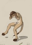 anthro anthro_to_feral brown_body brown_fur brown_hair eleode eyes_closed feral fur hair headache herpestid holding_head male mammal meerkat nude pencil_(object) simple_background solo titash_(character) transformation