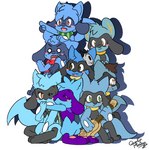 anthro blue_body blue_fur blush canid fur generation_4_pokemon group hugo_the_riolu hybrid hybrid_pokemon male mammal nintendo pokemon pokemon_(species) quentinmimikyu riolu rudi_(toondude10) shinx signature simple_background sin_tokki sparky_the_chu white_background xael_the_artist xael_the_riolu