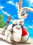 absurd_res anthro ball beach beach_ball bikini bikini_bottom bikini_top black_clothing black_swimwear bulge bulge_from_behind camera clothed clothing crossdressing disney duo female femboy fur grey_body grey_fur hand_on_butt hi_res inflatable judy_hopps lagomorph leporid link6432 male male/female mammal multicolored_body multicolored_fur one-piece_swimsuit rabbit seaside sunny swimwear texi_(yitexity) thick_thighs two-piece_swimsuit two_tone_body two_tone_fur white_body white_fur zootopia