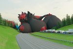 3:2 3d_(artwork) absurd_res anthro areola big_breasts black_body black_fur blender_(artwork) bom39 breasts car destruction digital_media_(artwork) english_text evergreen_tree female forest fur generation_5_pokemon grass grey_body grey_fur hair hi_res highway huge_breasts hyper hyper_breasts jhonnytimber landscape light_truck macro medium_truck nintendo nipples pickup_truck pine_tree plant pokemon pokemon_(species) red_areola red_hair red_nipples road sedan text traffic_jam tree truck truck_(vehicle) van vehicle zoroark zoroark_(bom39)