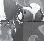 2018 ambient_bird ambient_silhouette big_butt bottomwear building building_destruction butt butt_slam clothing cracks destruction digital_media_(artwork) equid equine female feral footwear friendship_is_magic hasbro hi_res horn legwear looking_back macro mammal miniskirt monochrome my_little_pony mythological_creature mythological_equine mythology ncmares panties princess_luna_(mlp) school_uniform silhouette skirt socks solo underwear uniform winged_unicorn wings