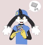 anthro bandai_namco biped black_body black_fur clothed clothing controller domestic_cat electronics felid feline felis fur game_console game_controller gloves half-length_portrait handwear hat headgear headwear hi_res klonoa klonoa_(series) looking_at_viewer male mammal multicolored_body multicolored_fur open_mouth open_smile pink_nose playstation playstation_1 portrait shirt simple_background smile solo sony_corporation sony_interactive_entertainment speech_bubble tongue topwear twang white_body white_fur yellow_eyes