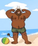 anthro armpit_hair arms_above_head ball beach beach_ball beard belly belly_overhang body_hair bovid bovine bulge cattle chest_hair clothing facial_hair feet hair hair_over_eye highlights_(coloring) horn inflatable male mammal muscle_tone musclegut muscular muscular_anthro muscular_male nipples one_eye_obstructed presenting pubes raised_arms seaside solo swimming_trunks swimwear unholy_butterfly