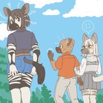 1:1 anthro bottomwear clothed clothing cross-popping_vein ekaki510 female giraffid group hyena japanese_description kemono male mammal okapi shorts spotted_hyena striped_hyena sulking trio