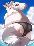 anthro belly belphegor_(tas) big_butt blush butt clothing demon embarrassed eyebrows fur grey_body grey_fur hi_res lifewonders male moobs navel nipples overweight solo speedo swimwear thick_eyebrows tokyo_afterschool_summoners yamacon0105