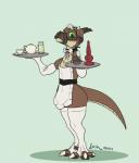 2019 4_toes ambiguous_gender anthro apron apron_only armwear belt beverage biped bow_(feature) bow_tie brown_body brown_scales bryce_daeless clothed clothing collar container countershading cup digital_media_(artwork) digitigrade dildo doesnotexist elbow_gloves feet glass gloves green_eyes handwear hi_res horn knot knotted_dildo kobold legwear lemonade lube maid_uniform mostly_nude muzzle_(object) muzzled pupils scales scalie sex_toy slit_pupils solo standing stockings tan_body tan_scales teapot thigh_highs toes tray uniform white_clothing white_legwear white_stockings wide_hips