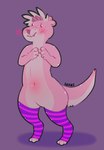 anthro belly big_butt big_tail blush butt clothing digitigrade feet femboy footwear fur head_tuft hi_res karnii legwear long_body male mammal mustelid otter paws pink_body pink_fur size_difference skinny small_feet smaller_male socks solo stockings tail thick_thighs tuft wide_hips