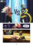 abs absurd_res anthro blaziken bottomwear chord_(e_zoid) clothed clothing comic crop_top darkrai dialogue e-zoid english_text femboy fight funk_(e_zoid) garchomp generation_3_pokemon generation_4_pokemon generation_7_pokemon group hi_res jab_(e_zoid) juice_box kiddie_jukes legendary_pokemon luxray male male/male muscular muscular_male nintendo partially_clothed pokemon pokemon_(species) profanity shirt skirt speech_bubble text topwear zeraora