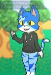 2020 4_fingers aliasing animal_crossing anthonyazxmn anthro artist_name black_clothing black_hoodie black_nose black_topwear blue_body blue_fur blue_hair blurred_background bottomless buckteeth clothed clothing day digital_media_(artwork) domestic_cat featureless_crotch felid feline felis fingers full-length_portrait fur grass hair hoodie hoodie_only male mammal moe_(animal_crossing) multicolored_body multicolored_fur nintendo open_mouth open_smile outside pawpads pink_pawpads pink_tongue plant portrait raised_tail smile solo standing striped_body striped_fur stripes tail teeth three-quarter_view tongue topwear topwear_only tree watermark white_body white_fur yellow_sclera