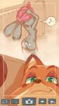 2016 9:16 anthro breasts butt camera_view canid canine chung-sae disney duo female fox green_eyes hi_res judy_hopps lagomorph leporid looking_at_another male mammal musical_note musical_symbol nick_wilde nude peeping rabbit rear_view red_fox selfie shower side_boob smile solo_focus symbol towel towel_on_head true_fox wet zootopia