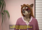 3d_(artwork) anthro blender_(artwork) blender_cycles blinds clothed clothing conditional_dnp digital_media_(artwork) english_text eyewear female glasses hair houseplant linna_(patchkatz) mammal meme office procyonid raccoon red_hair sentharn shitpost solo text the_office