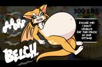 anthro bat belly big_belly burping dialogue dust:_an_elysian_tail eating english_text female fidget_(elysian_tail) food fur green_eyes growth_drive hi_res inflation mammal navel nimbat open_mouth orange_body orange_fur pompuffy_(artist) solo sound_effects tail text weight_gain white_body white_fur wings