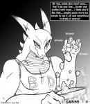 2015 anthro clothed clothing comic cooking dragon english_text food grey_background grin hi_res if_hell_had_a_taste male monochrome mythological_creature mythological_scalie mythology scalie scar simple_background skylar_fidchell smile text viroveteruscy