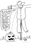 2022 ambiguous_gender animate_inanimate black_and_white clothing dialogue duo english_text food fruit hat headgear headwear hi_res jack-o'-lantern monochrome plant pumpkin scarecrow spitting spitting_sound_effect tegerio text