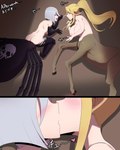 4:5 arachnid arachnid_taur arthropod arthropod_taur big_breasts blonde_hair blue_eyes blush blush_lines bone breasts brown_body brown_fur butt centaur centorea_shianus_(monster_musume) comic comic_panel digital_media_(artwork) duo equid equid_taur european_mythology exhausted eye_contact female female/female fur greek_mythology grey_hair hair hi_res humanoid_taur kissing long_hair looking_at_another lying_on_ground mammal mammal_taur monster_girl_(genre) monster_musume multi_eye mythology nipples on_ground onomatopoeia ponytail rachnera_arachnera_(monster_musume) red_eyes red_sclera side_boob skull sound_effects spider spider_taur taur text thehumancopier time_skip