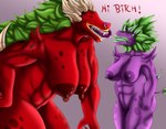 absurd_res anthro big_breasts breast_size_difference breasts chomper_(pvz) duo electronic_arts elemental_creature eyeless fangs female female/female flora_fauna genitals green_hair hair hi_res horn long_tongue mature_female muscular muscular_anthro nipples plant plants_vs._zombies popcap_games purple_body purple_nipples pussy red_body red_nipples sagging_breasts size_difference teeth text tongue zortrex