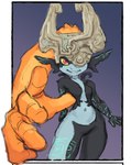 2021 5_fingers armor breasts digital_media_(artwork) featureless_breasts featureless_crotch female fingers front_view hair headgear helmet hi_res imp karu184 long_ears looking_at_viewer midna multicolored_body navel nintendo not_furry one_eye_obstructed orange_hair portrait prehensile_hair reaching_towards_viewer red_eyes short_stack small_breasts small_waist smile solo the_legend_of_zelda three-quarter_portrait twili twilight_princess