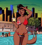 anthro background_character beverage bikini breasts brown_body brown_fur callmewritefag canada canadian_flag canadian_red_ensign catherine_york_(callmewritefag) clothed clothing colored digital_drawing_(artwork) digital_media_(artwork) domestic_cat fan_character felid feline felis female flag flag_bikini flag_clothing flag_print flag_swimwear fur hair hanna-barbera hi_res lipstick looking_at_viewer makeup mammal maple_leaf mature_anthro mature_female open_mouth outside poolside print_bikini print_clothing print_swimwear shaded sky skyline smile solo swat_kats swimming_pool swimwear tail two-piece_swimsuit union_jack union_jack_bikini water