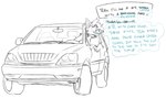 2021 anthro black_and_white canid canine canis car coyote dialogue digital_media_(artwork) english_text hi_res inner_ear_fluff inside_car leaning lexus_(car) male mammal monochrome nonbinary_(lore) possession rain_(vanillayote) shocked simple_background small_waist solo story story_in_description text tuft vanillayote vehicle worried