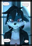 3d_(artwork) anthro black_hair blue_body blue_fur clothing comic dialogue digital_media_(artwork) english_text female fur hair hi_res jacket leather leather_clothing leather_jacket leather_topwear mammal procyonid purple_eyes raccoon ryder_(striped_sins) sad shirt solo speech_bubble striped_sins t-shirt text topwear willitfit