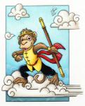 2008 anthro brown_body brown_fur clothed clothing cloud fur haplorhine holding_melee_weapon holding_object holding_weapon journey_to_the_west low_res male mammal melee_weapon michele_light monkey open_mouth primate signature solo staff sun_wukong weapon