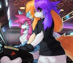 2024 anthro arcade arcade_machine black_clothing black_gloves black_handwear black_sclera black_shirt black_topwear blue_body blue_fur boss_monster_(undertale) breasts canid canine clothing detailed_background duo female femboy fluffy fluffy_tail fox fur gloves green_eyes hair handwear heterochromia hybrid j8-bit_(cakebatterbossmonster) latex male mammal multicolored_body multicolored_fur multicolored_hair niri_(cakebatterbossmonster) orange_eyes orange_hair ozoneserpent purple_eyes purple_hair red_hair shirt small_breasts tail tan_body tan_fur topwear two_tone_body two_tone_fur two_tone_hair white_body white_fur white_latex