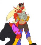 alternate_costume anthro aroused aroused_smile black_hair blaziken blue_eyes blush breast_growth breasts clothed clothing clothing_swap colored deiser duo feathers female female/female fire fur gender_transformation generation_3_pokemon grabbing_from_behind growth hair hair_growth hand_on_breast hi_res humanoid kaitofletcher long_hair medium_breasts mind_alteration mtf_transformation nintendo open_mouth personality_change pokemon pokemon_(species) pokemon_humanoid red_body red_feathers species_transformation surprised_expression thick_thighs tongue tongue_out torn_clothing transformation yellow_body yellow_feathers yellow_fur