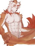 2023 abs absurd_res anthro arknights arm_tattoo axianorange biped blush canid canine canis clothing domestic_dog fur hair hi_res horn hung_(arknights) hypergryph long_hair male male_anthro mammal multicolored_body multicolored_fur multicolored_hair muscular muscular_anthro muscular_male nipples orange_hair pecs simple_background solo studio_montagne tail tan_body tan_fur tattoo two_tone_body two_tone_fur two_tone_hair underwear white_body white_fur white_hair