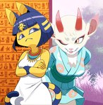 absurd_res animal_crossing ankha_(animal_crossing) anthro asian_clothing clothed clothing deer domestic_cat drawligator duo east_asian_clothing felid feline felis female fingers fur hair hi_res hieroglyphics horn japanese_clothing mammal nintendo one_eye_closed shino_(animal_crossing) tail