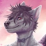 1:1 anthro blue_eyes brown_hair bust_portrait canid closed_smile derion fur grey_body grey_fur hair heterochromia hi_res male mammal messy_hair mouth_closed portrait red_eyes riorix short_hair smile solo