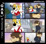 anthro black_eyes black_nose brown_hair brown_mane business_suit canid canine canis city clothed clothing comic crowd domestic_dog eyebrows felid fur gab_(comic) gab_shiba gabshiba group hair hair_over_eyes head_tuft jacket lion looking_at_another looking_back male mammal mane multicolored_body multicolored_fur outside pantherine recognition running shiba_inu smile solo spitz suit text thick_eyebrows topwear tuft two_tone_body two_tone_fur url walking white_body white_fur yellow_body yellow_fur