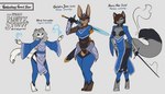 alanne_mon_siviel aqanin_magic armor blue_eyes brown_body brown_fur brown_hair canid canine digital_media_(artwork) domestic_cat english_text felid feline felis female feretta fox fur galetria_joice green_eyes grey_body grey_fur grey_hair group hair hi_res lagomorph leporid mammal melee_weapon missing_arm missing_limb model_sheet olivia_scarrvender purple_eyes purple_hair rabbit rapier sword text weapon white_body white_fur