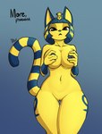 animal_crossing ankh ankha_(animal_crossing) anthro areola bangs big_breasts black_eyes blue_areola blue_ears blue_hair blue_nipples blue_nose bob_cut bodily_fluids breasts digital_media_(artwork) domestic_cat felid feline felis female feretta fur genital_fluids genitals hair hi_res looking_at_viewer mammal markings navel nintendo nipples nude pussy shaded simple_background solo striped_markings striped_tail stripes tail tail_markings thick_thighs thigh_gap uraeus vaginal_fluids wide_hips yellow_body yellow_fur yellow_inner_ear