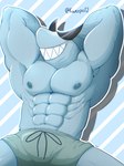 3:4 abs anthro blue_body clothing eyewear fish flexing grin half-length_portrait hands_behind_head hi_res kwetpo12 male marine monotone_body mr._jawsum muscular muscular_anthro muscular_male omori_(game) portrait shark sharp_teeth smile solo sunglasses swimming_trunks swimwear teeth