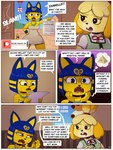 3:4 animal_crossing ankha_(animal_crossing) anthro blue_hair buckteeth canid canine canis cardigan clothed clothing comic dialogue domestic_cat domestic_dog duo english_text felid feline felis female hair hi_res ike_marshall isabelle_(animal_crossing) mammal nintendo patreon patreon_logo patreon_username speech_bubble teeth text yellow_body