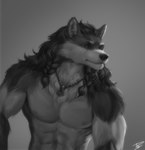 2022 abs alternate_species anthro black_body black_fur black_hair black_nose braided_hair canid canine canis chad_(meme) digital_media_(artwork) einarr_(personalami) fur furrification gigachad grey_background grey_body grey_fur greyscale hair hi_res jewelry jewelry_only male mammal meme mjolnir_necklace monochrome necklace necklace_only nude personalami reaction_image redraw simple_background solo wolf