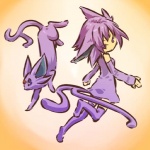 1:1 abstract_background animal_humanoid armwear clothing cosplay detached_sleeves duo eeveelution espeon female feral generation_2_pokemon gradient_background hair hitec human humanoid legwear mammal nintendo pokemon pokemon_(species) purple_eyes purple_hair simple_background tail thigh_highs